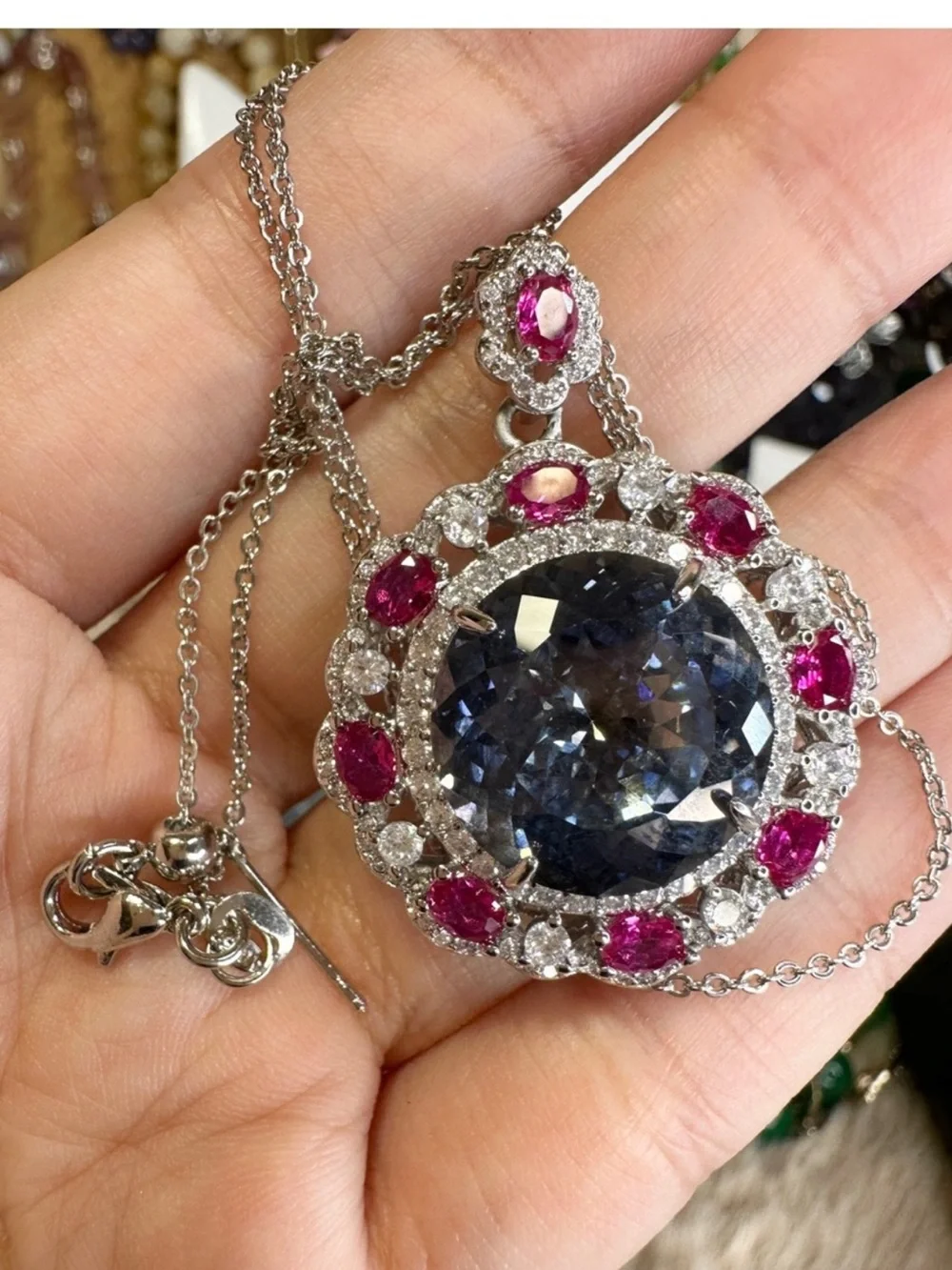 Elegant Blue Centerstone Pendant Necklace with Pink Ruby Imitation Stones